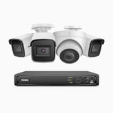 H800 - Kit de surveillance PoE 4K à 8 canaux avec 3 caméras bullet et 1 caméra tourelle, vision nocturne en couleur et infrarouge, Détection Personne-Véhicule, Microphone intégré, Champ de vision de 96°, RTSP et ONVIF pris en charge